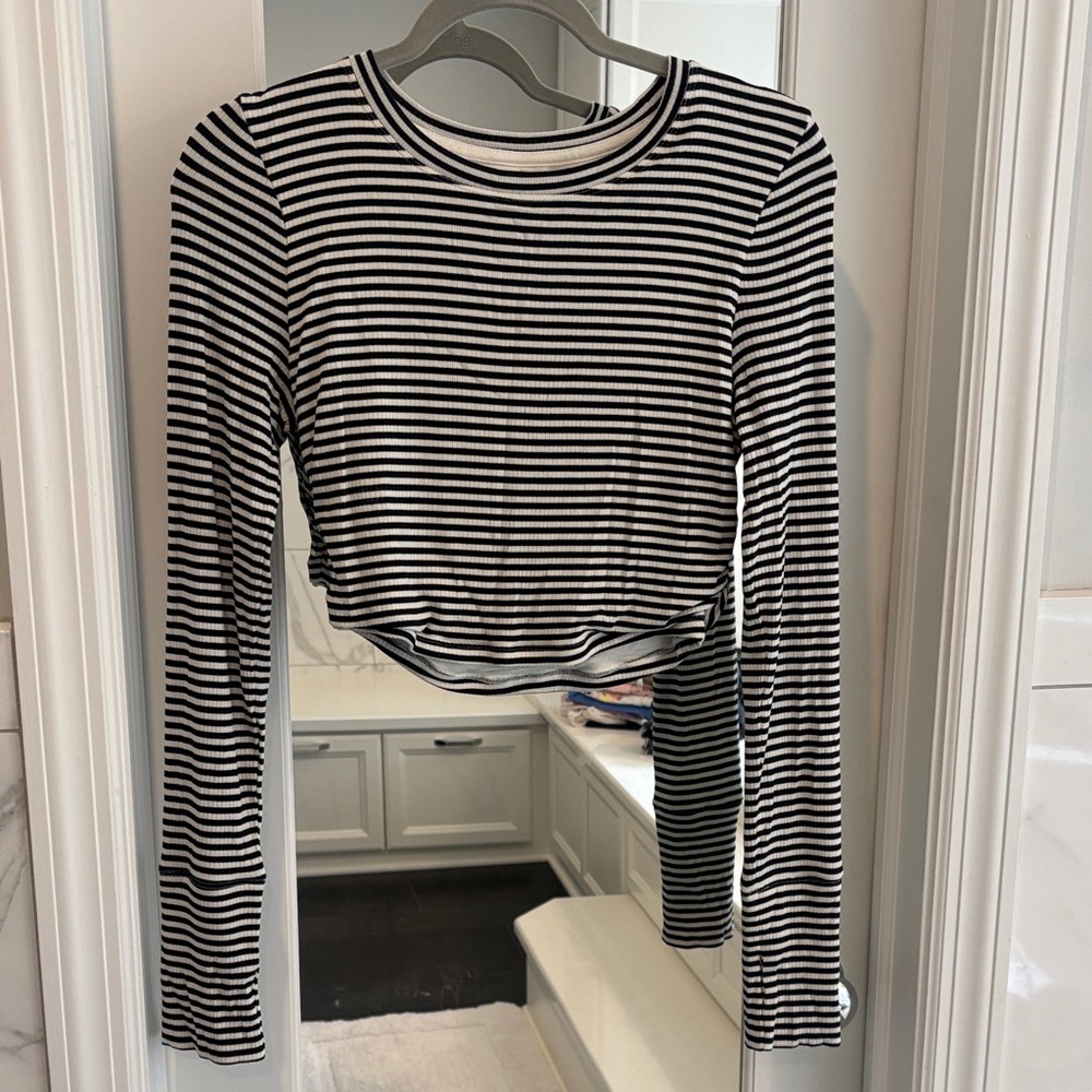 Striped Black and White Long-Sleeve Cropped Tee- Offline Aerie